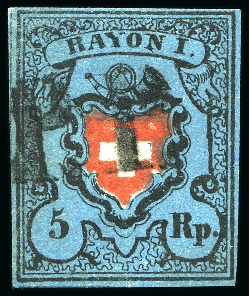 Stamp of Switzerland / Schweiz » Rayonmarken » Rayon I, dunkelblau ohne Kreuzeinfassung 5 Rp. dunkelblau ohne KE, Type 31, sauber gestempelt mit schwarzem PP von St Gallen