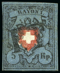Stamp of Switzerland / Schweiz » Rayonmarken » Rayon I, dunkelblau ohne Kreuzeinfassung 5 Rp. dunkelblau ohne KE, Type 8, sauber gestempelt mit schwarzem PP von St Gallen