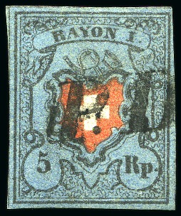 Stamp of Switzerland / Schweiz » Rayonmarken » Rayon I, dunkelblau ohne Kreuzeinfassung 5 Rp. dunkelblau ohne KE, Type 18, sauber gestempelt mit schwarzem PD