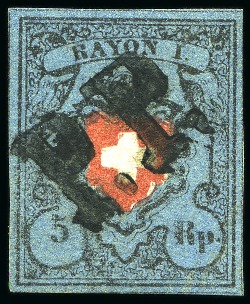 Stamp of Switzerland / Schweiz » Rayonmarken » Rayon I, dunkelblau ohne Kreuzeinfassung 5 Rp. dunkelblau ohne KE, Type 6, sauber gestempelt mit schwarzem PP von St Gallen