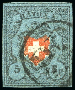 Stamp of Switzerland / Schweiz » Rayonmarken » Rayon I, dunkelblau ohne Kreuzeinfassung 5 Rp. dunkelblau ohne KE, Type 30, sauber gestempelt mit schwarzem PP im Kreis von Aarau