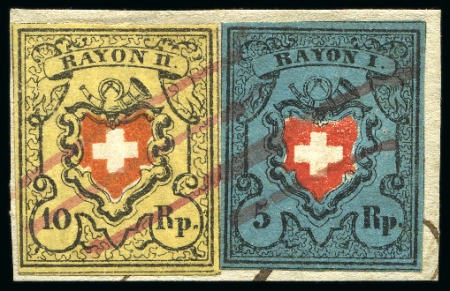 5 Rp. dunkelblau ohne KE, Type 22 und 10 Rp. gelb Type 15 A2 LO, auf kleinem Briefstück