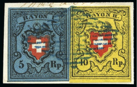 Stamp of Switzerland / Schweiz » Rayonmarken » Rayon I, dunkelblau ohne Kreuzeinfassung 5 Rp. dunkelblau ohne KE, Type 27 und 10 Rp. gelb Type 38 B RU, auf kleinem Briefstück