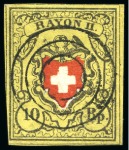 Stamp of Switzerland / Schweiz » Rayonmarken » Rayon II, gelb, ohne Kreuzeinfassung (STEIN A 2) 10 Rp. gelb Type 24 A2 LU, sehr sauber gestempelt mit seltenem schwarzen Dreikreisstempel von Biel