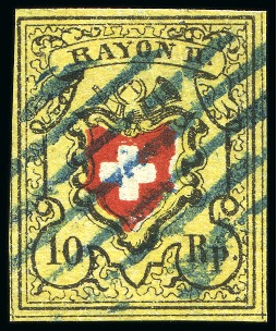 Stamp of Switzerland / Schweiz » Rayonmarken » Rayon II, gelb, ohne Kreuzeinfassung (STEIN D) 10 Rp. gelb Type 29 D RO, sauber gestempelt mit blauer Luzernerraute