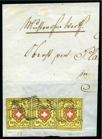 Stamp of Switzerland / Schweiz » Rayonmarken » Rayon II, gelb, ohne Kreuzeinfassung (STEIN D) 10 Rp. gelb Typen 23, 30 & 39 D LO, auf Briefstück, sauber gestempelt mit schwarzer Raute