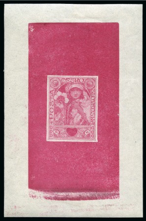1920 ca, two unadopted essays, one in red and one in blue, designed by Alphonse Mucha with unfilled value tablet, 
