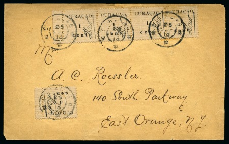 Stamp of Netherlands » Netherlands Colonies » Curacao 1918 1c black on buff laid paper, with "Haw" postmaster initials, marginal single and strip of four, on cover to US