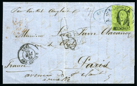 Stamp of Mexico » Later Issues 1861, 1r black on green "TAMPICO", tied by "CORREOS/FRANCO/TAMPICO" double oval on April 28, 1864 entire letter to Paris