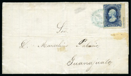 Stamp of Mexico » Later Issues 1874, 25c blue, "MEXICO" cons. 1-77, showing part imprint