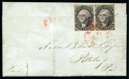 New York: 1845-46 5c black, pair with close to good