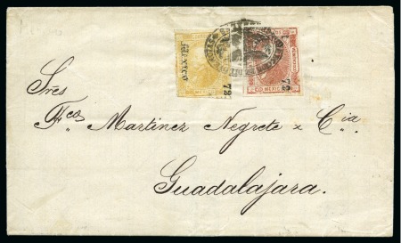 Stamp of Mexico » Later Issues 1872, 25c red and 50c yellow, "MEXICO" cons. 1-72, both tied by very good strike of "DIRECCION DE DILIGENCIAS/GENERALES" stagecoach oval on cover