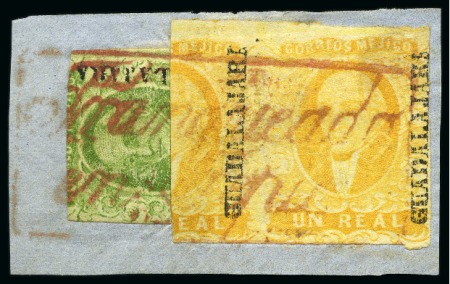 Stamp of Mexico » Later Issues 1856-73, assembly comprising two used first-issue sets , rare piece showing 1856 1r yellow pair incl. one bisect together with 2r hor. bisect,