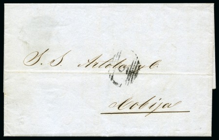 P.S.N.C. 1852 (June 14), entire letter from Valparaiso to Cobija (Bolivia), bearing fine strike of the "5" barred oval
