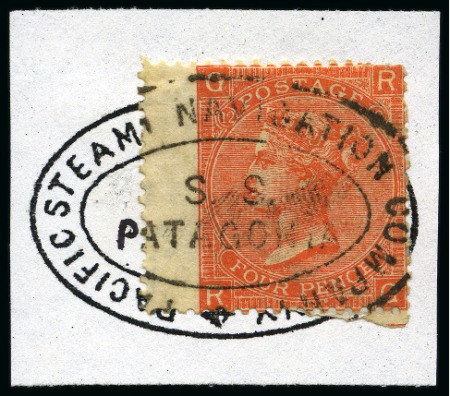 P.S.N.C. 1865-67, Great Britain 4d vermilion showing oval framed "PACIFIC STEAM NAVIGATION COMPANY/S. S./PATAGONIA" hs