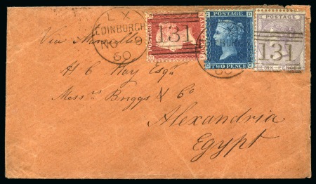 1860 (Nov 9) Envelope  to EGYPT with 1857 1d deep rose-red, 1859 2d blue and 1856 6d lilac tied by crisp Edinburgh "131" duplex cancels