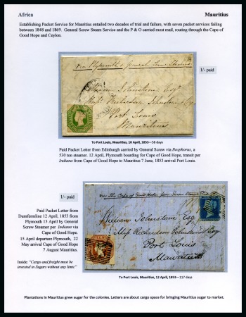 1853 Pair of entires to MAURITIUS from the same correspondence from Kingswood, Buntisland, Scotland with Embossed frankings