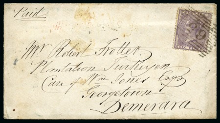 Stamp of Great Britain » 1854-1900 Postal History of the Perforated Line Engraved and Surface Printed Issues 1855 (Jun 13) Envelope to BRITISH GUIANA from Southend (Scotland) with 1855-57 6d tied by "65" numeral, reverse with local "SOUTHEND" hs