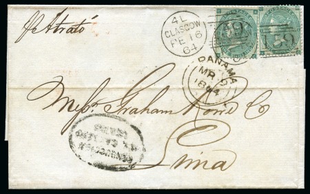1864 (Feb 16) Wrapper to PERU from Glasgow (Scotland) with two 1862-64 1s deep green tied by neat "159" duplexes
