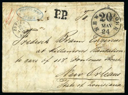 Stamp of Switzerland / Schweiz » Vorphilatelie 1853 Zurich to Williamson Plantation, near New Orleans,