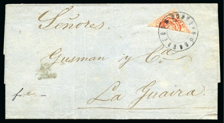 Stamp of Venezuela 1866-69, 1r. vermilion, diagonal half touched at top,