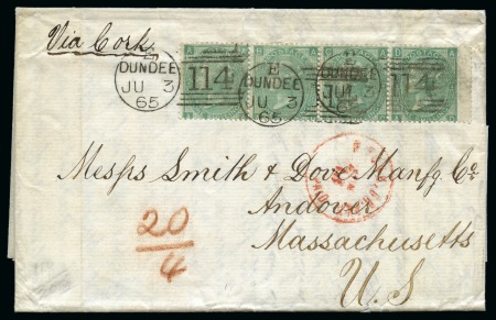 Stamp of Great Britain » 1854-1900 Postal History of the Perforated Line Engraved and Surface Printed Issues 1865 (Jun 3) Entire to Massachusetts USA from Dundee (Scotland) with 1865-67 1s strip of four