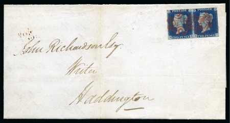 1840 2d Deep Full Blue pair, close to good margins, tied by crisp red MCs to 1840 (Nov 3) entire sent locally in Haddington, Edinburgh