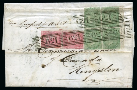 Stamp of Great Britain » 1854-1900 Postal History of the Perforated Line Engraved and Surface Printed Issues 1857 (Oct 27) Entire to Canada from Glasgow with 1855-57 1s wmk Emblems block of four and 4d wmk Large Garter vert. pair