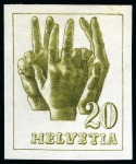 Stamp of Switzerland / Schweiz 1956 Zwei geschnittene Probedrucke aus dem Bickel Archiv, "Mythen" und "Schwurhände" auf gummiertem Papier