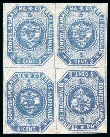 1859, 5c blue, stone B, TÊTE-BÊCHE contained in block of four, featuring inverted cliché at lower right, surrounded by ample even margins, unused without gum and remarkably fresh, superb; ex Londoño and Goeggel.