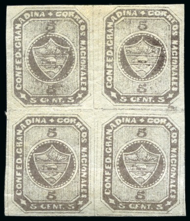 1860, 5c gray lilac, stone B, block of four, mint block of four