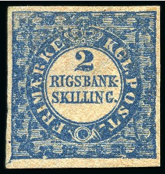Stamp of Denmark 1851-54 2RBS blue, Thiele print, unused with fine to very good margin