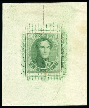 Stamp of Belgium » Belgique. 1863 Médaillons dentelés (COB 13-16) 1863 1c Green die proof in green on wove paper