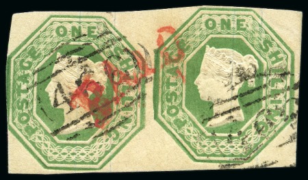 1847-54 Embossed 1s green pair with neat "466" numerals of Liverpool