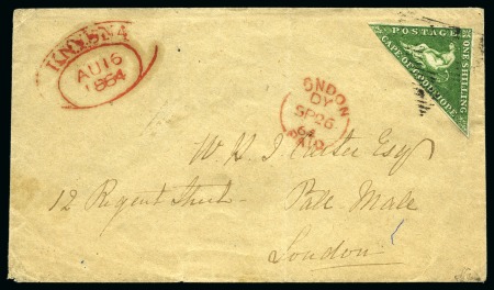 Stamp of South Africa » Cape of Good Hope 1864 (Aug 16) Envelope from Knysna to England with 1863-64 1s bright emerald green