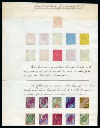 De La Rue archive page showing the results of experiments to show what happens to stamps from the 1887 Jubilee set of 10 and the 1881 1d lilac