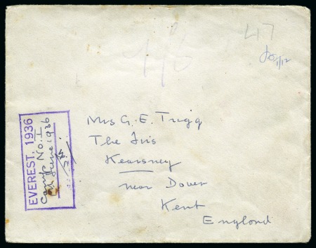 1936 Everest Expedition: 1936 (Jun 1) Envelope sent by John Morris (transport organiser) to England with "EVEREST, 1936" violet despatch cachet annotated "Camp No.I"