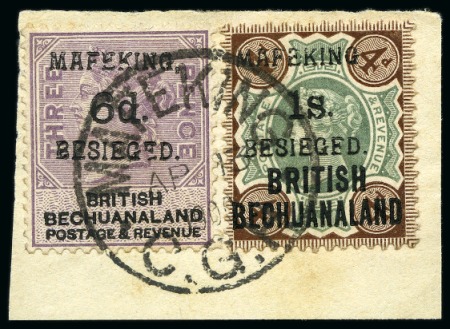 Stamp of South Africa » Mafeking 1900 6d on 3d Magenta and 1s on 4d (serif) tied to piece by complete Mafeking AP 13 1900 cds