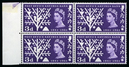 Stamp of Great Britain » Queen Elizabeth II 1961 Post Office Savings Bank, Timson printing, 3d with error ORANGE-BROWN OMITTED in left marginal block of four all showing the variety