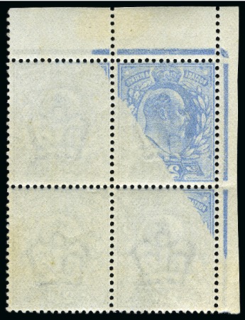 Stamp of Great Britain » King Edward VII » 1911 Harrison & Sons Issues 1911 Harrison 2 1/2d dull blue perf.15x14 showing offset on gum side of about 75% of the design and "Jubilee" lines on top left corner marginal block of four