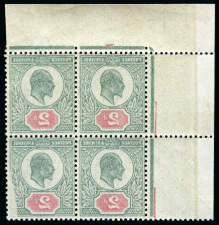 Stamp of Great Britain » King Edward VII » 1911-13 Somerset House Issues 1911-13 Somerset House 2d deep dull green and bright carmine perf.14 showing near complete offset on gum side on a top left corner marginal block of four