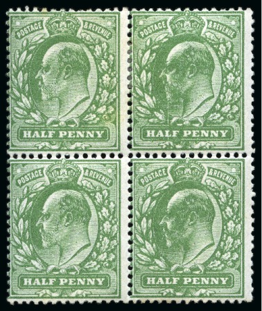 Stamp of Great Britain » King Edward VII » 1911 Harrison & Sons Issues 1911 Harrison 1/2d olive green mint block of four, with right vertical pair showing "full beard" variety and vertical scratch