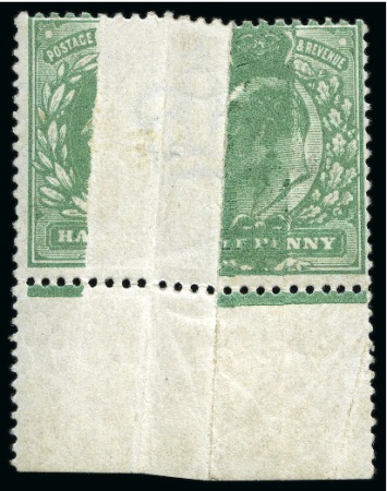 Stamp of Great Britain » King Edward VII » 1911 Harrison & Sons Issues 1911 Harrison 1/2d dull green with dramatic pre-printing paper fold variety with 1.2cm separation