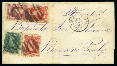 1880 (Oct 31). Entire letter from Rio de Janeiro to Barrra do Piraí, franked by 1878-79 10c vermilion (2), 80r lake and 100r green, 