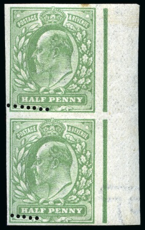 Stamp of Great Britain » King Edward VII » 1911 Harrison & Sons Issues 1911 Harrison 1/2d yellow-green imperf. vertical pair except for seven horizontal perforation holes on top stamp and five on lower,