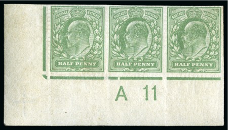 Stamp of Great Britain » King Edward VII » 1911 Harrison & Sons Issues 1911 Harrison 1/2d yellow-green lower left corner pl.59 "A 11" control strip of three with blind perforations