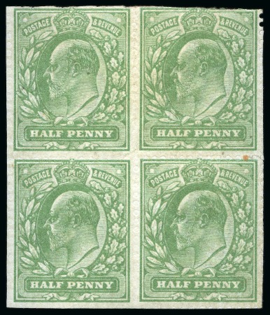 Stamp of Great Britain » King Edward VII » 1911 Harrison & Sons Issues 1911 Harrison 1/2d yellow-green block of four from pl.59 with blind perforations, giving the appearance of an imperforate variety
