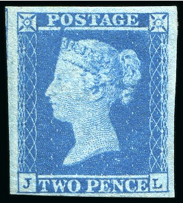 1841 2d Blue pl.4 JL, fine to very large margins, mint hr, showing constant variety under "O" of "POSTAGE"