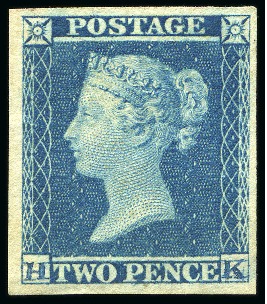 1841 2d Blue trial without corner letters but with letters HK added in blue manuscript