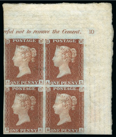 Stamp of Great Britain » 1840 1d Black and 1d Red plates 1a to 11 1841 1d Red from black pl.10 AK/BL mint og top right corner marginal plate block with full margins